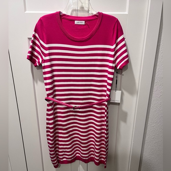 CALVIN KLEIN AUTHENTIC ELECTRIC PINK/WHITE STRIPE KNIT DESIGN SWEATER DRESS - Picture 1 of 13